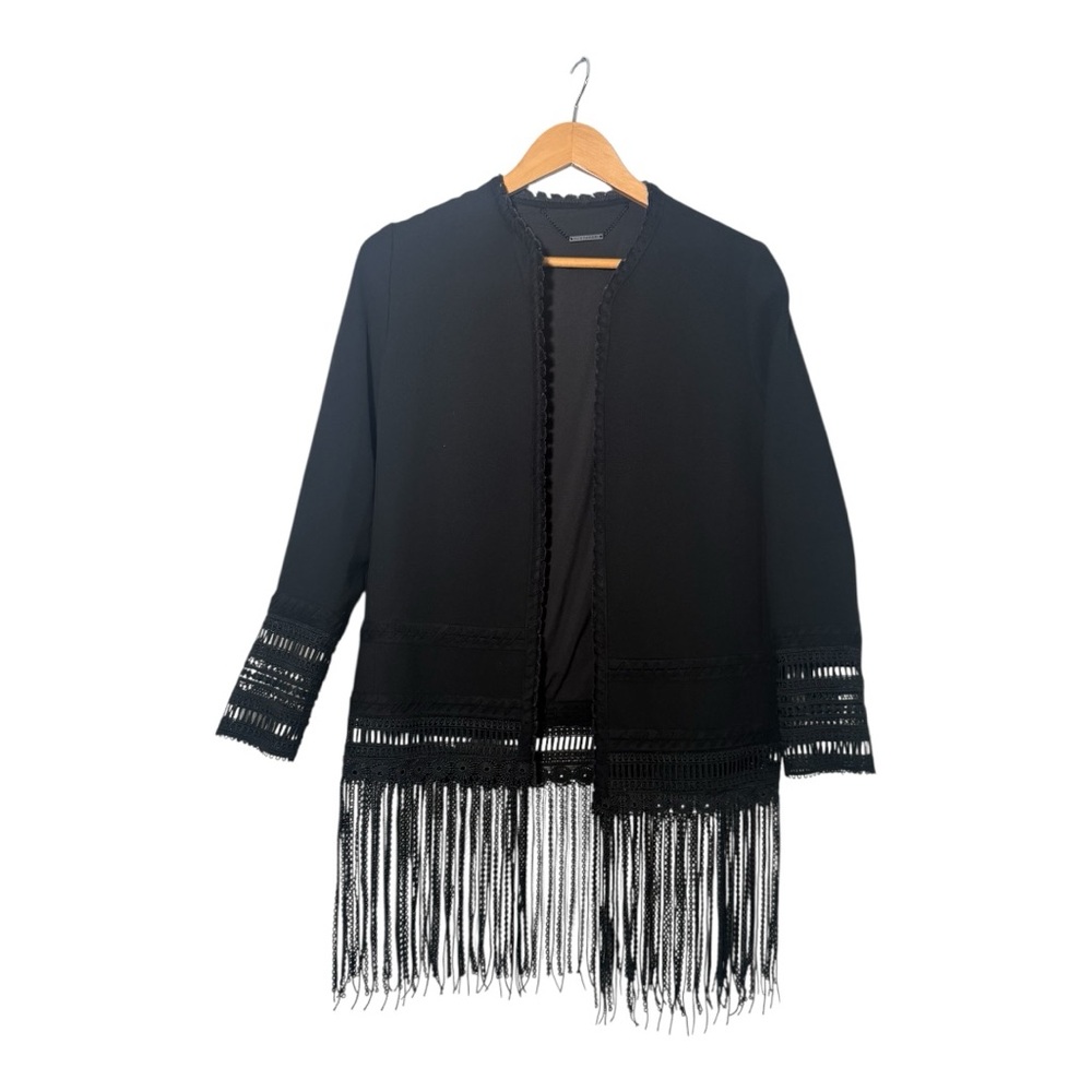 VTG Ellie Tahari Black Fringe Open Front Jacket